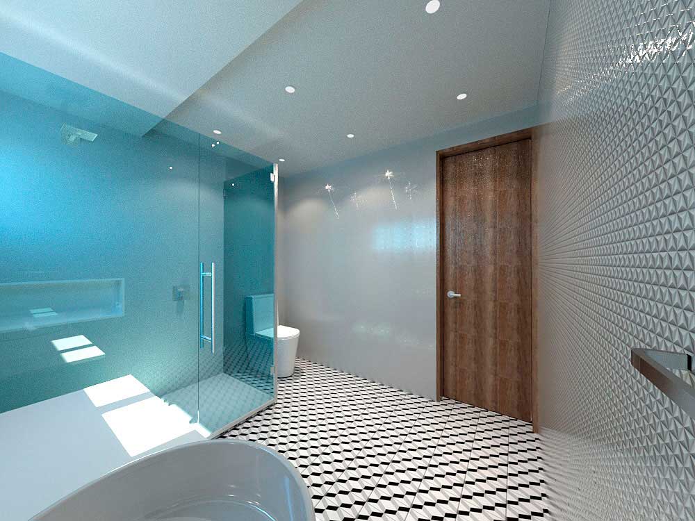 baño con revestimiento de piso con baldosas estampadas con cubos y paredes blancas