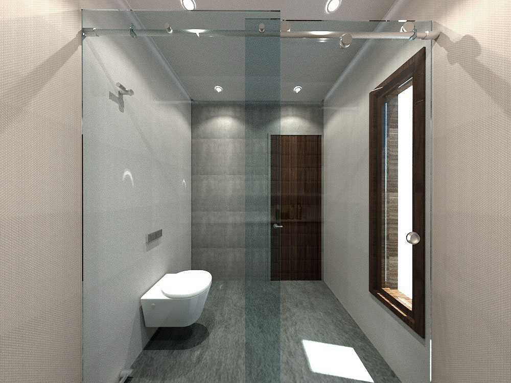 Baño con wc con tanque oculto de diseño revestimiento de baldosas de concreto en piso y pared
