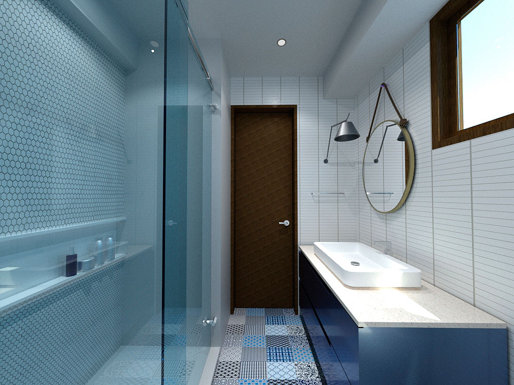 Baño conformado por ducha con puertas de vidrio y lavamanos con mueble de diseño con espejo redondo y lámpara flexible