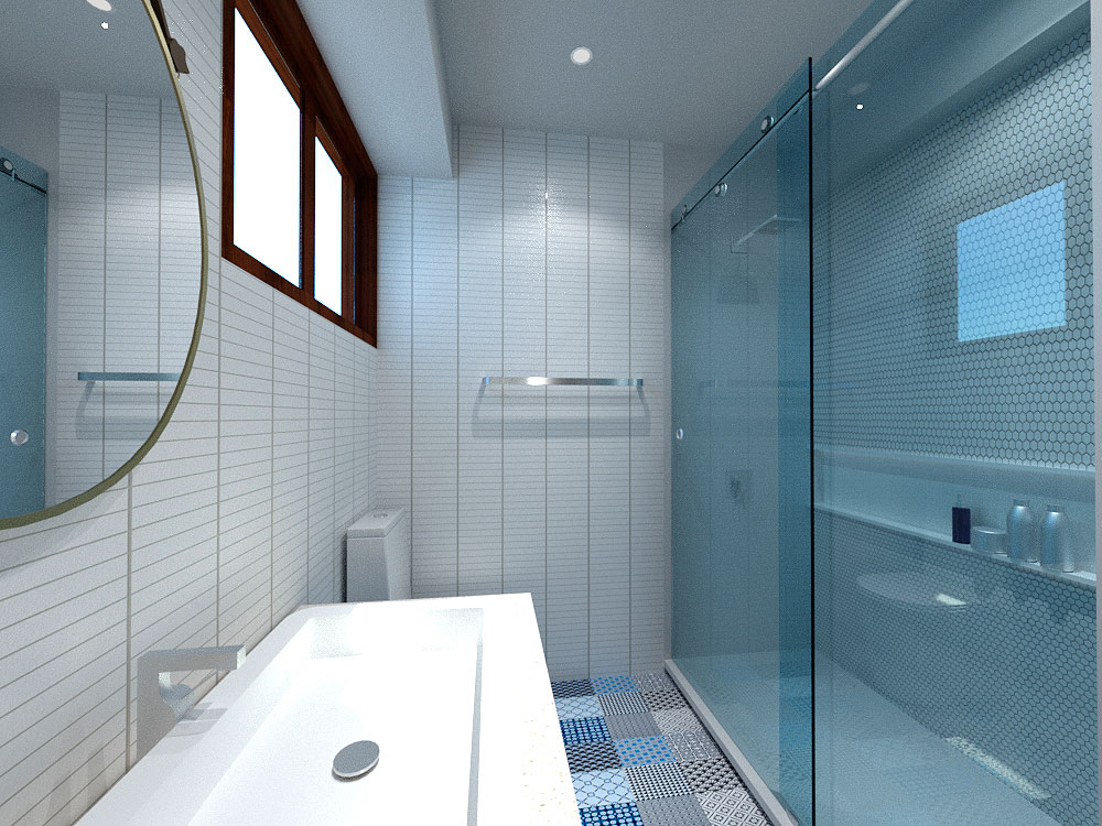 Baño conformado por ducha con puertas de vidrio y lavamanos con mueble de diseño con espejo redondo