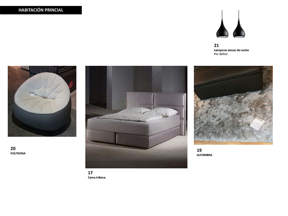 Selección de mobiliario para la habitación en el apartamento en Campo Alegre; poltrona puff, lámparas colgantes negras, cama tribeca y alfombra gris